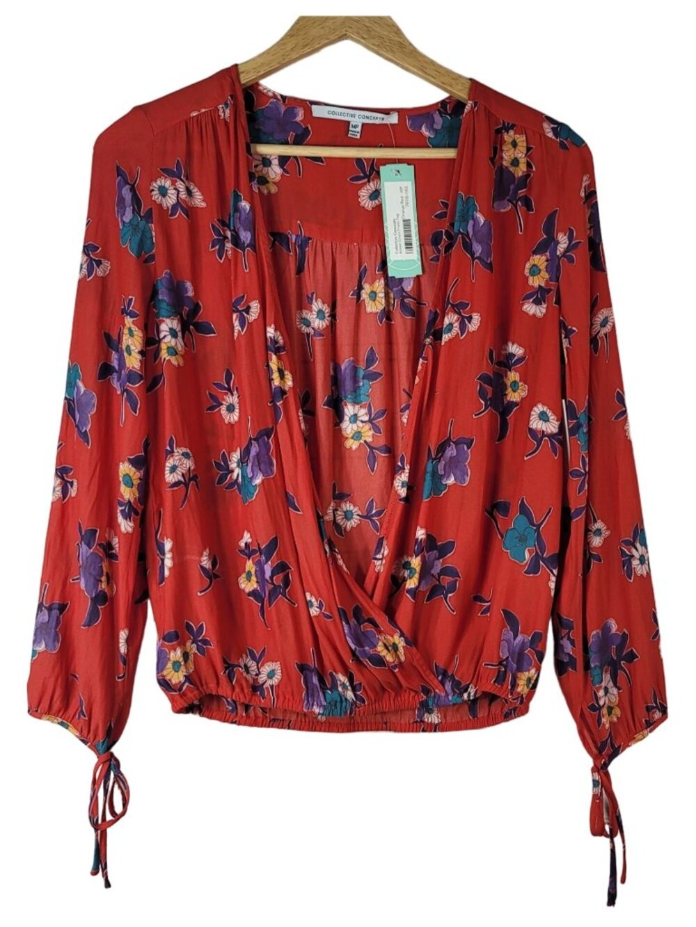 Collective Concept Women Aimee Floral Top Red Orange Petite Medium Crossover NEW